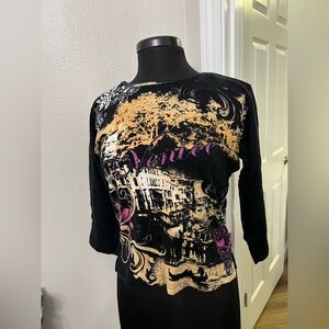 Vintage Y2K 2000s Venice Italy print beaded long sleeve shirt size small